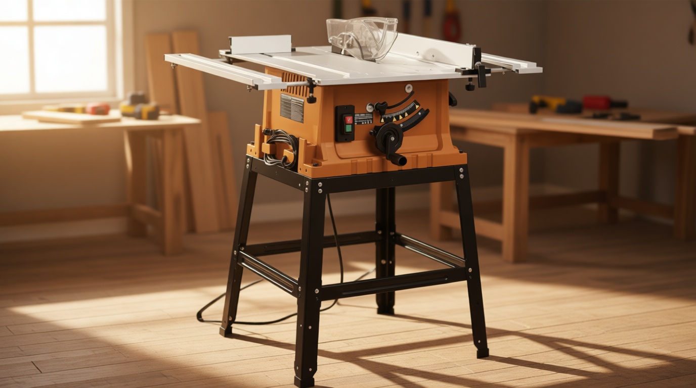 Table Saw, 10 Inch 15A Multifunctional Saw With Stand & Push Stick, 90° Cross Cut & 0-45° Bevel Cut, 5000RPM, Adjustable Blade Height for Woodworking, Orange