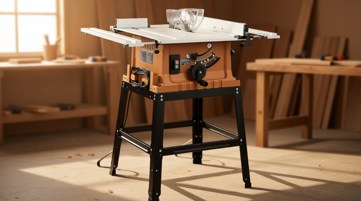 Table Saw, 10 Inch 15A Multifunctional Saw With Stand & Push Stick, 90° Cross Cut & 0-45° Bevel Cut, 5000RPM, Adjustable Blade Height for Woodworking, Orange