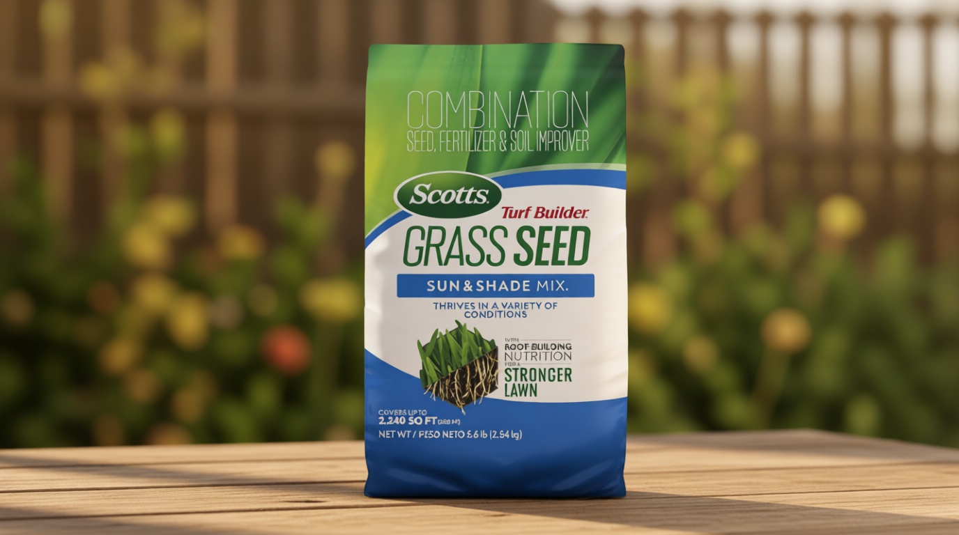 Scotts Turf Builder Grass Seed Sun and Shade Mix - Grass Seed Plus Lawn Fertilizer and Soil Improver, Covers Up to 2,240 sq. ft., 5.6 lb.