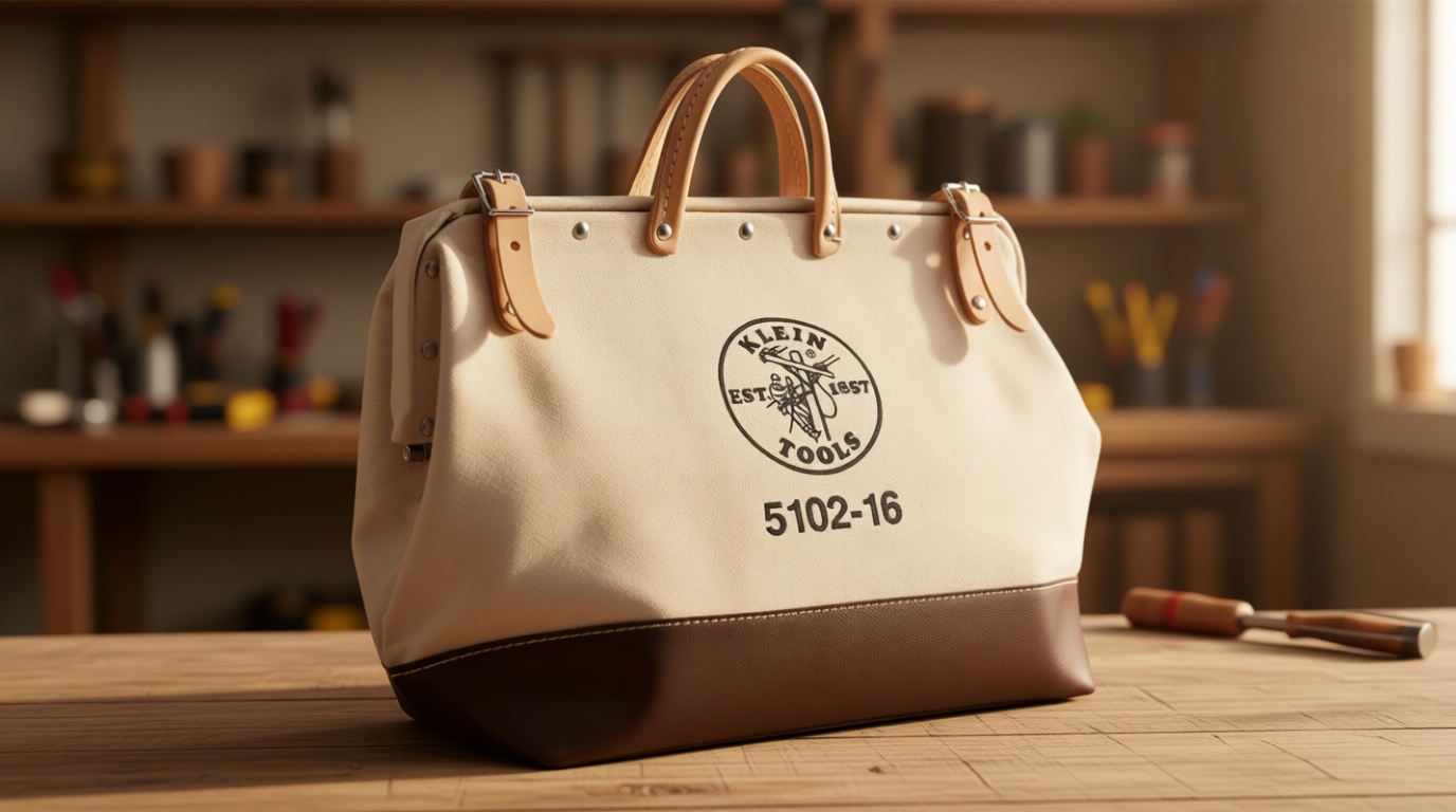 Klein Tools 5102-16 Heavy Duty Natural Canvas Tool Bag, Tool Tote, Multi-Purpose Bag with Wide Hinged Opening and Leather Handles, 16-Inch