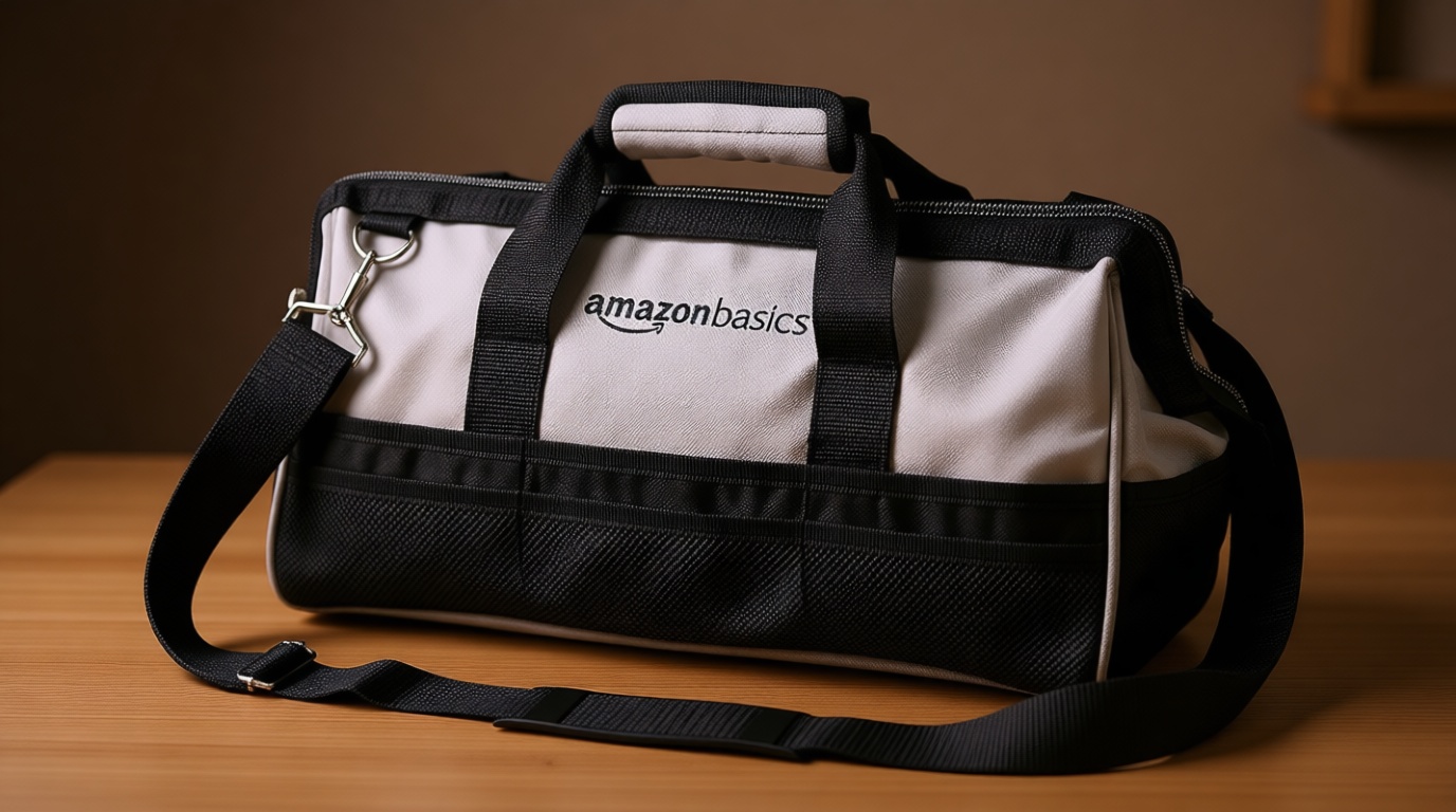 Amazon Basics Durable Wear-Resistant Tool Storage Bag with Adjustable Shoulder Strap, Portable Tool Organizer, 16 in, Black & Grey