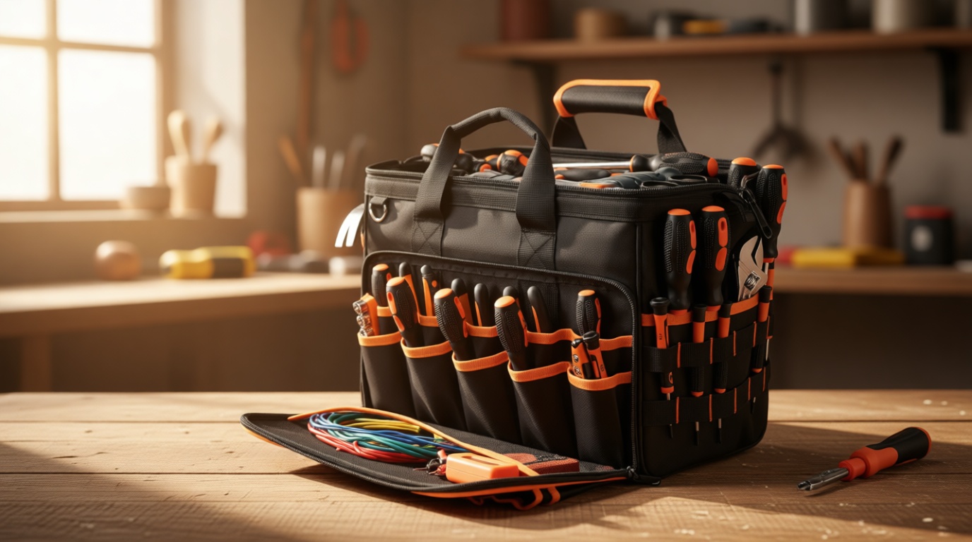 17-Inch Electrician Tool Bags for Men, 46-Pocket Heavy Duty Tool Bag, Foldable Hvac Tool Bag Organizer with Wide Mouth & Adjustable Shoulder Strap for Electricians Mechanics Craftsman Contractor