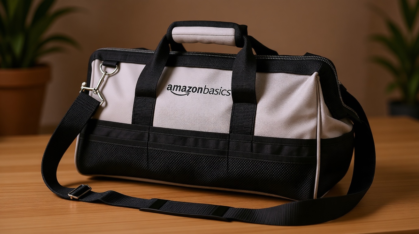 Amazon Basics Durable Wear-Resistant Tool Storage Bag with Adjustable Shoulder Strap, Portable Tool Organizer, 16 in, Black & Grey