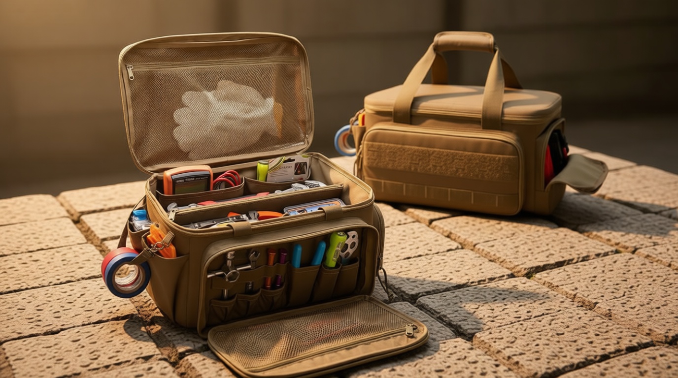 Rexmica 14-Inch Tool Bag with Anti-friction Bottom, Hand Tool Storage Organizer for Men, Tactical Range Bag, Multi-purpose Work Tote for Repairman, Carpenters, Handyman, Khaki