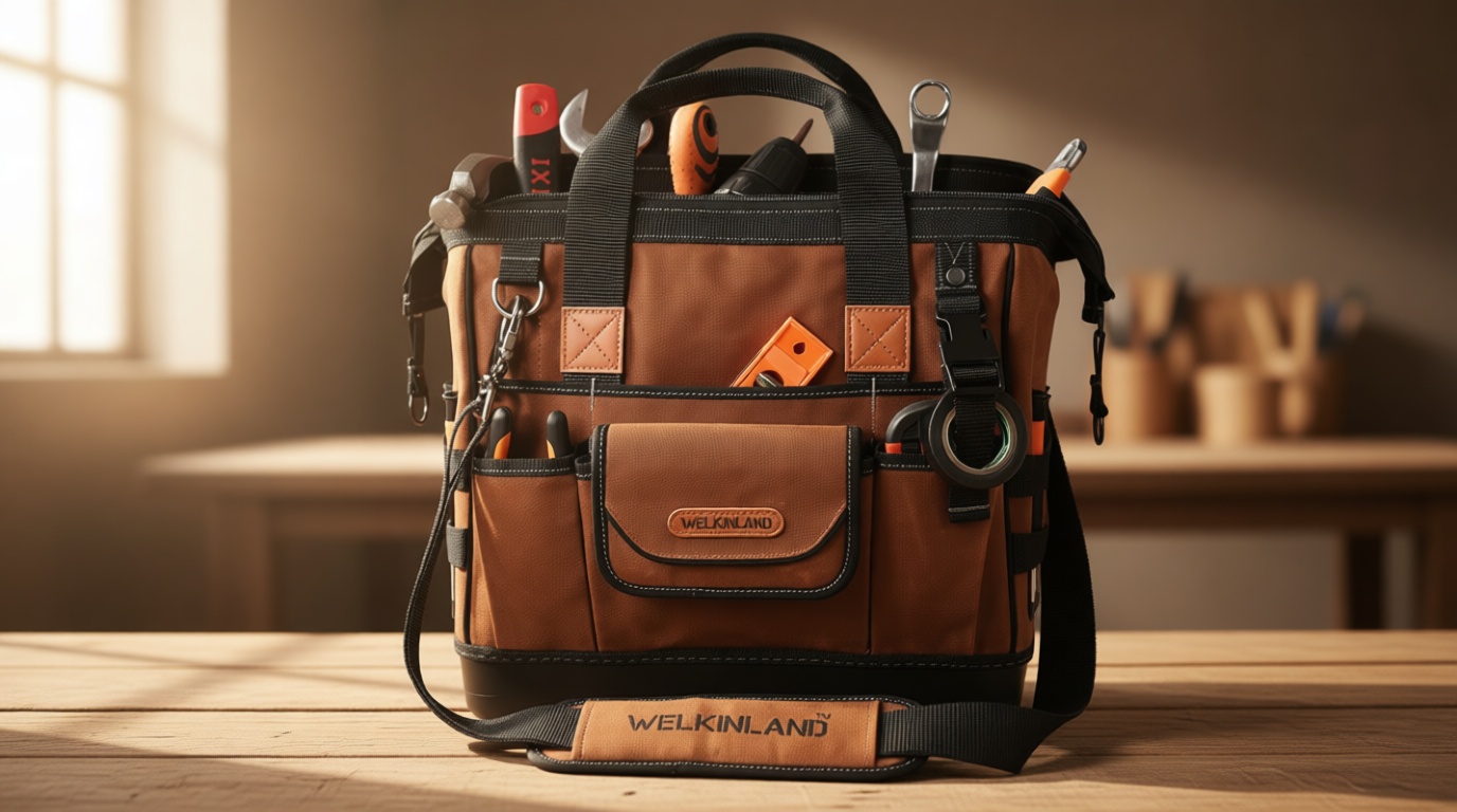 WELKINLAND 22-Pockets Hard Bottom Tool Bag, 14-Inch Waxed Canvas Tools Bag, 25L Heavy Duty Electrician Bags, HVAC Service Bags, Mechanic, Technician Tool Bag Global Recycled Standard