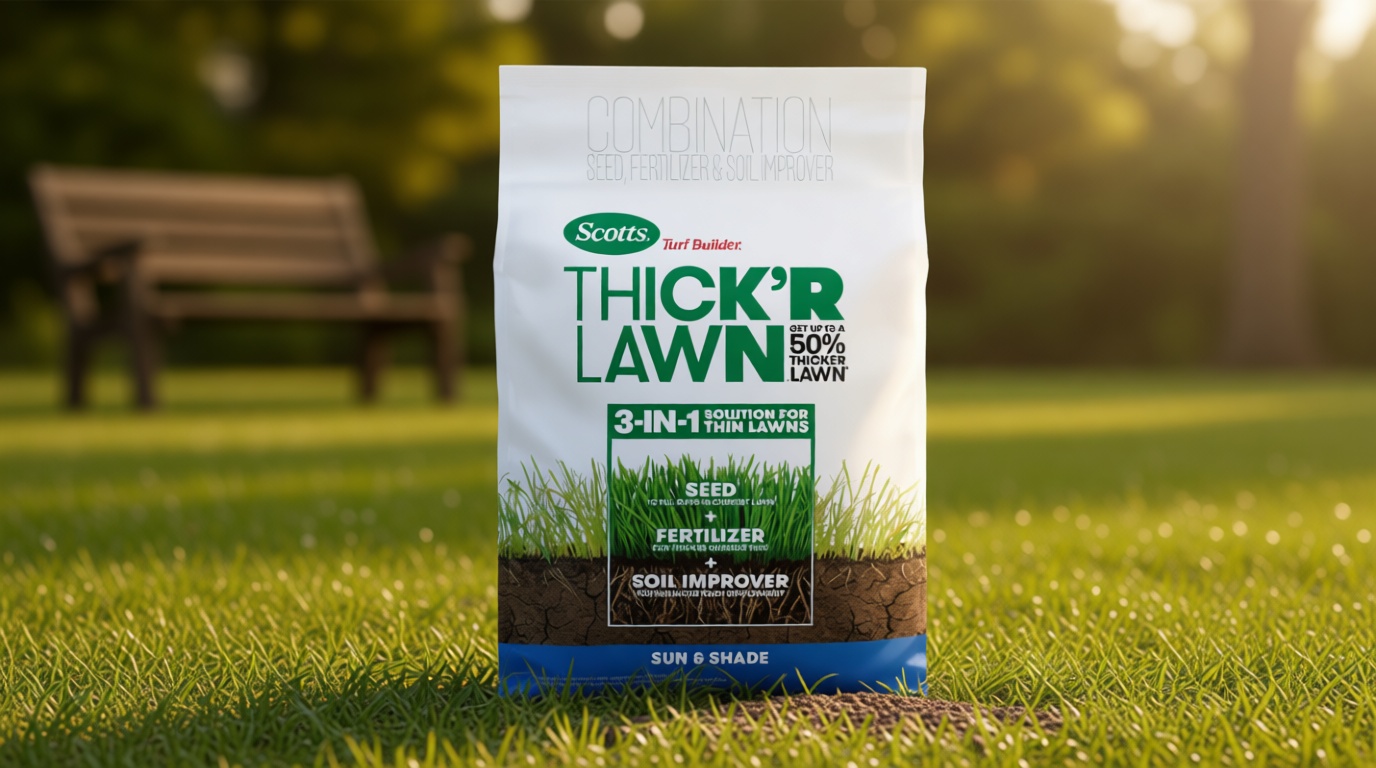 Scotts Turf Builder Thick'R Lawn Sun and Shade, 12 lb. - 3-in-1 Solution for Thin Lawns - Combination Seed, Fertilizer and Soil Improver for a Thicker, Greener Lawn - Covers 1,200 sq. ft.