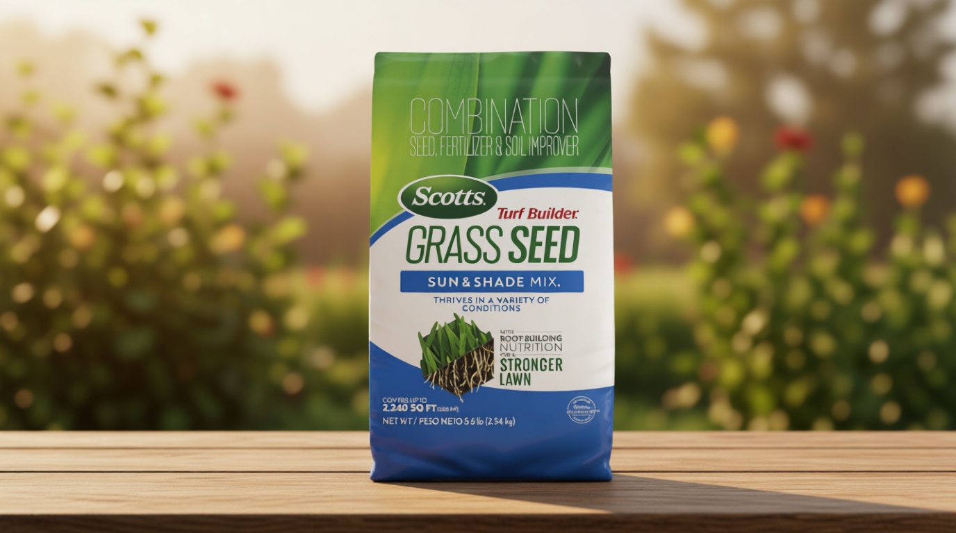 Scotts Turf Builder Grass Seed Sun and Shade Mix - Grass Seed Plus Lawn Fertilizer and Soil Improver, Covers Up to 2,240 sq. ft., 5.6 lb.