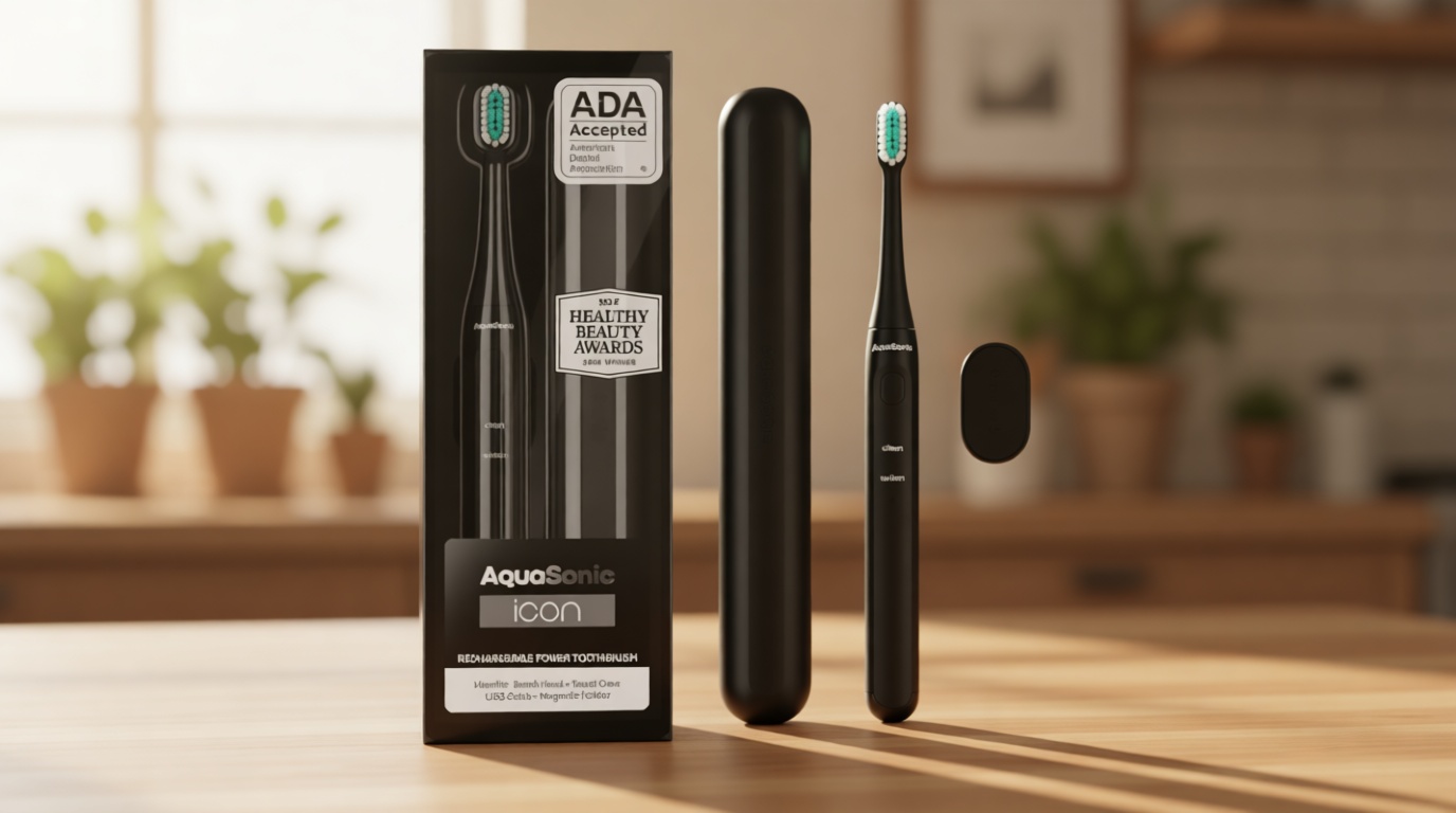 Aquasonic Icon ADA-Accepted Rechargeable Toothbrush | Magnetic Holder & Slim Travel Case | 2 Brushing Modes & Smart Timers | Gentle Micro-Vibrations(Onyx) Global Recycled Standard