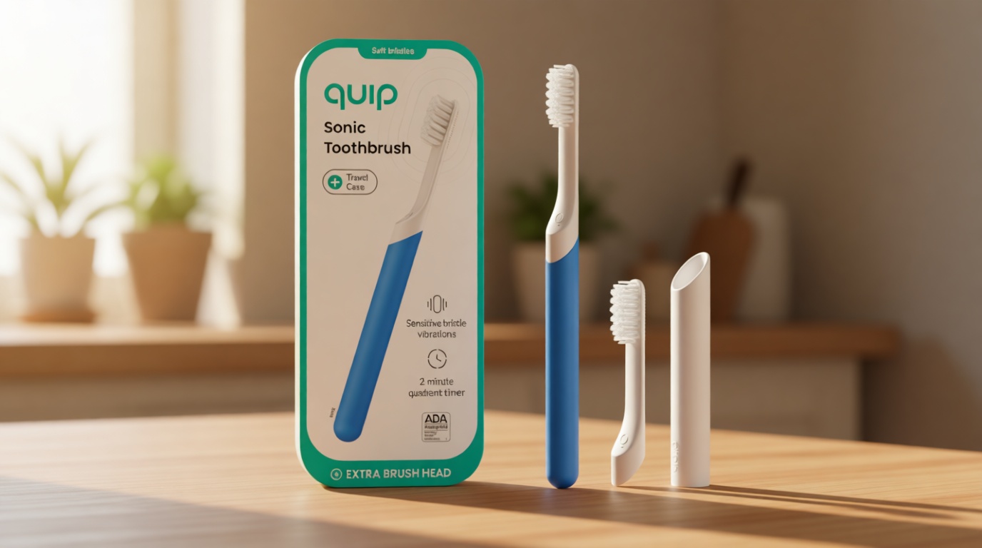 Quip Sonic Toothbrush for Adults with Timer - Includes Extra Brush Head and Travel Cover Mount - Electric, Soft Bristle Refill Head, Plastic Handle, 3 Month Battery Life - Travel Toothbrush - Blue