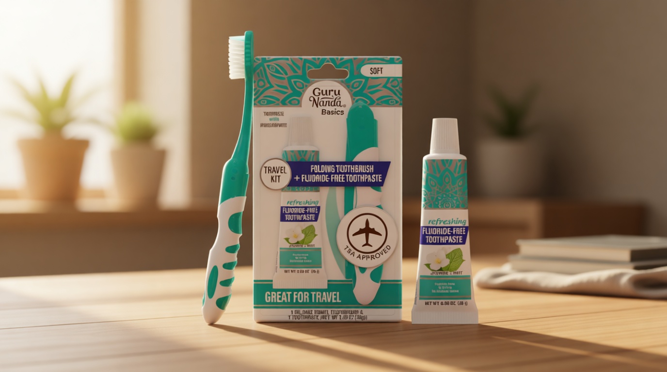 GuruNanda Folding Toothbrush with Built-in Cover & Toothpaste with Hydroxyapatite, Perfect for Travel, Compact & Portable, On-The-go - Soft Bristles & Ergonomic Handle, for Adults & Kids (1 Count)