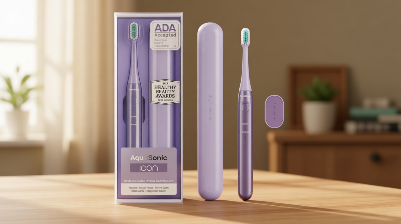 Aquasonic Icon ADA-Accepted Rechargeable Toothbrush | Magnetic Holder & Slim Travel Case | 2 Brushing Modes & Smart Timers | Gentle Micro-Vibrations (Lilac) Global Recycled Standard