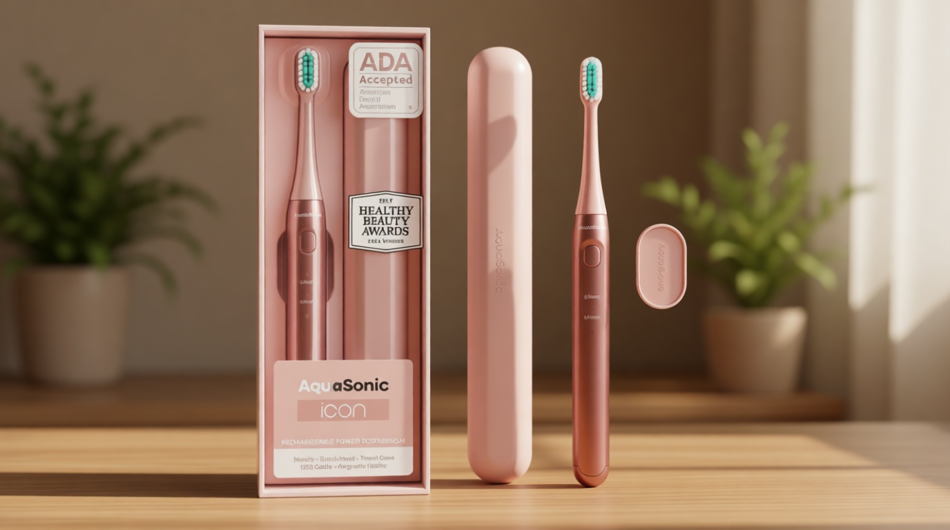 Aquasonic Icon ADA-Accepted Rechargeable Toothbrush | Magnetic Holder & Slim Travel Case | 2 Brushing Modes & Smart Timers | Gentle Micro-Vibrations (Blush) Global Recycled Standard
