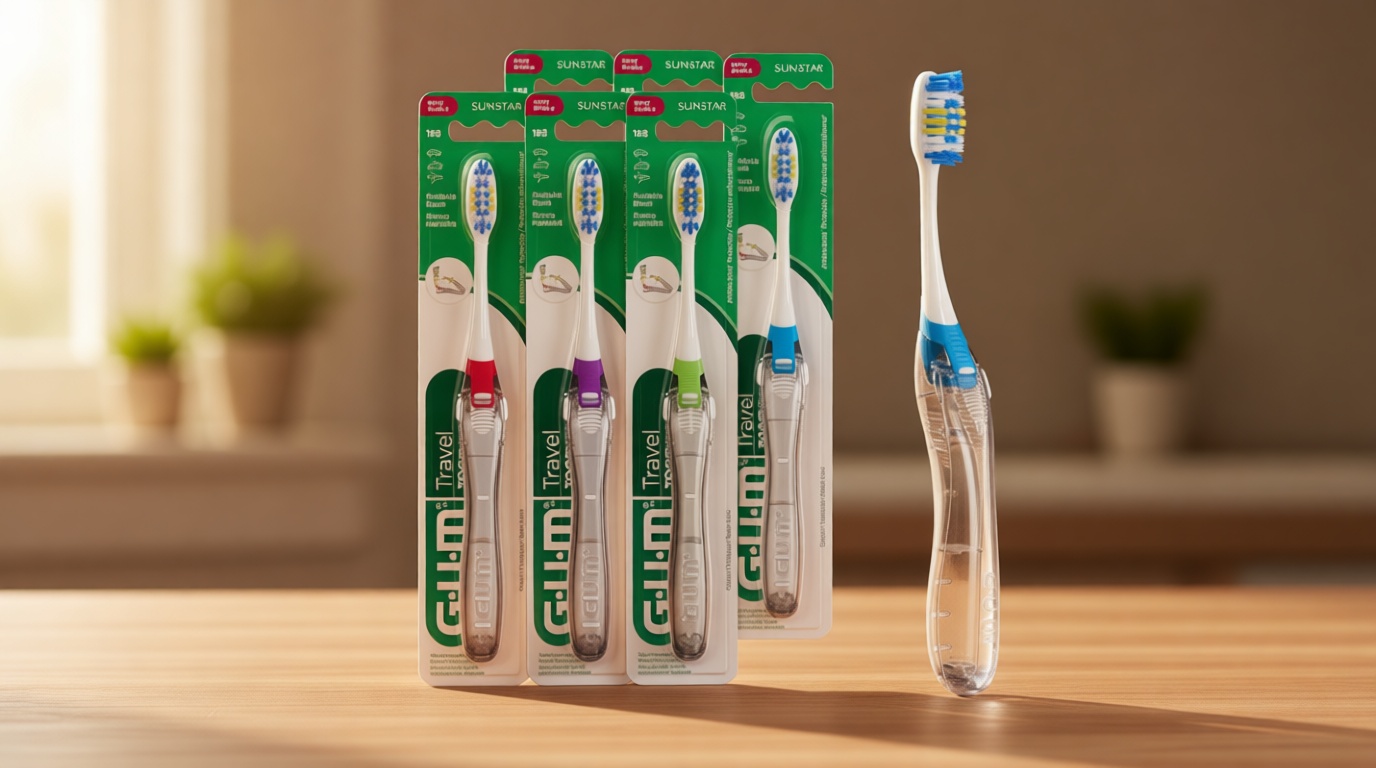 GUM Folding Travel Toothbrush - Compact Head + Tongue Cleaner - Soft Bristled Travel Toothbrushes for Adults 1ct (Pack of 6)