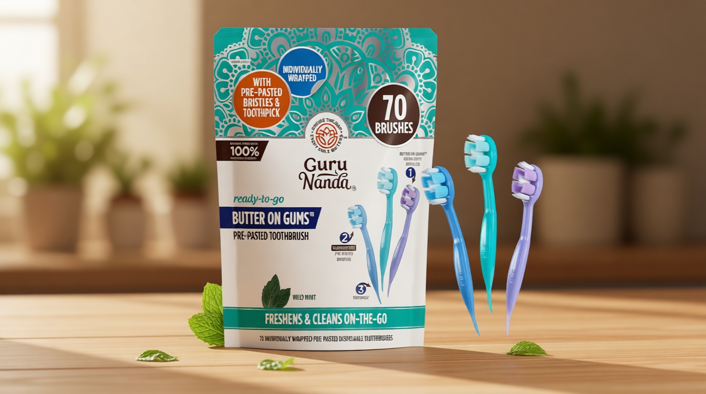 GuruNanda Ready-to-Go Disposable Mini Travel Toothbrush - Butter on Gums Softex Bristles, Prepasted Toothbrush & Toothpick - Fluoride-Free, No Rinsing Needed, Individually Wrapped, 70 Ct