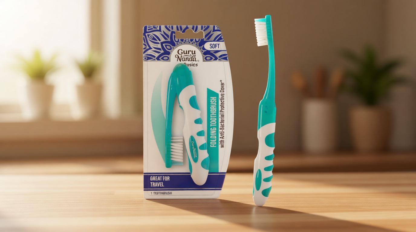 GuruNanda Folding Toothbrush with Built-in Cover, Perfect for Travel, Hiking & Camping, Compact & Portable, On-The-Go Toothbrush with Soft Bristles & Ergonomic Handle, for Adults & Kids (1 Count)