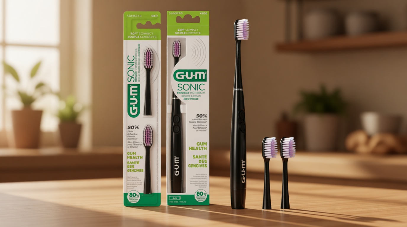 GUM Sonic Powered Toothbrush, Tapered Bristles Clean Below the Gumline, Bundle, Black, 1 Handle(1 Count) + 2 Refills 2 Count(Pack of 1)