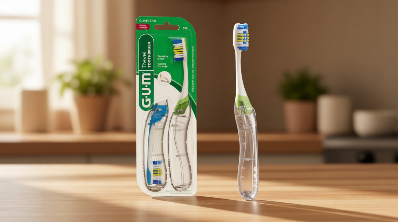 GUM Folding Travel Toothbrush, Compact Head + Tongue Cleaner, Soft Bristled Travel Toothbrushes for Adults, 2 Count
