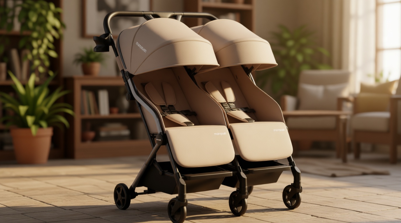 Mompush Lithe Double Stroller for Infant and Toddler, Lightweight Side by Side Twin Stroller, Only 25 lbs, 30-Inch Slim Fit Through Doorways, One-Step Fold, Independent Recline, UPF 50+ Canopy