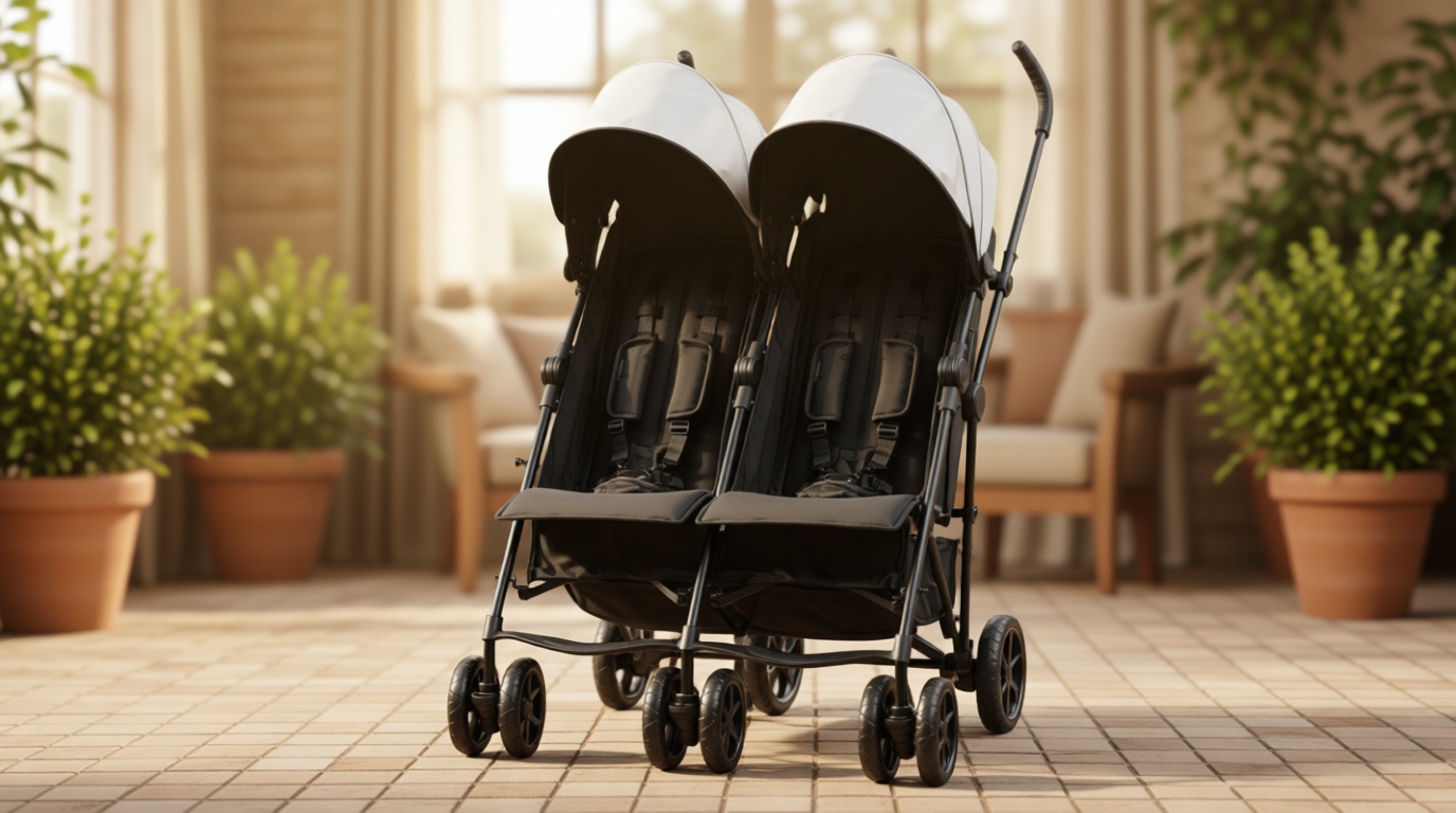 Summer Infant 3Dlite Folding Lightweight Side by Side Double Stroller with 5-Point Safety Harness for Infants and Toddlers, Black