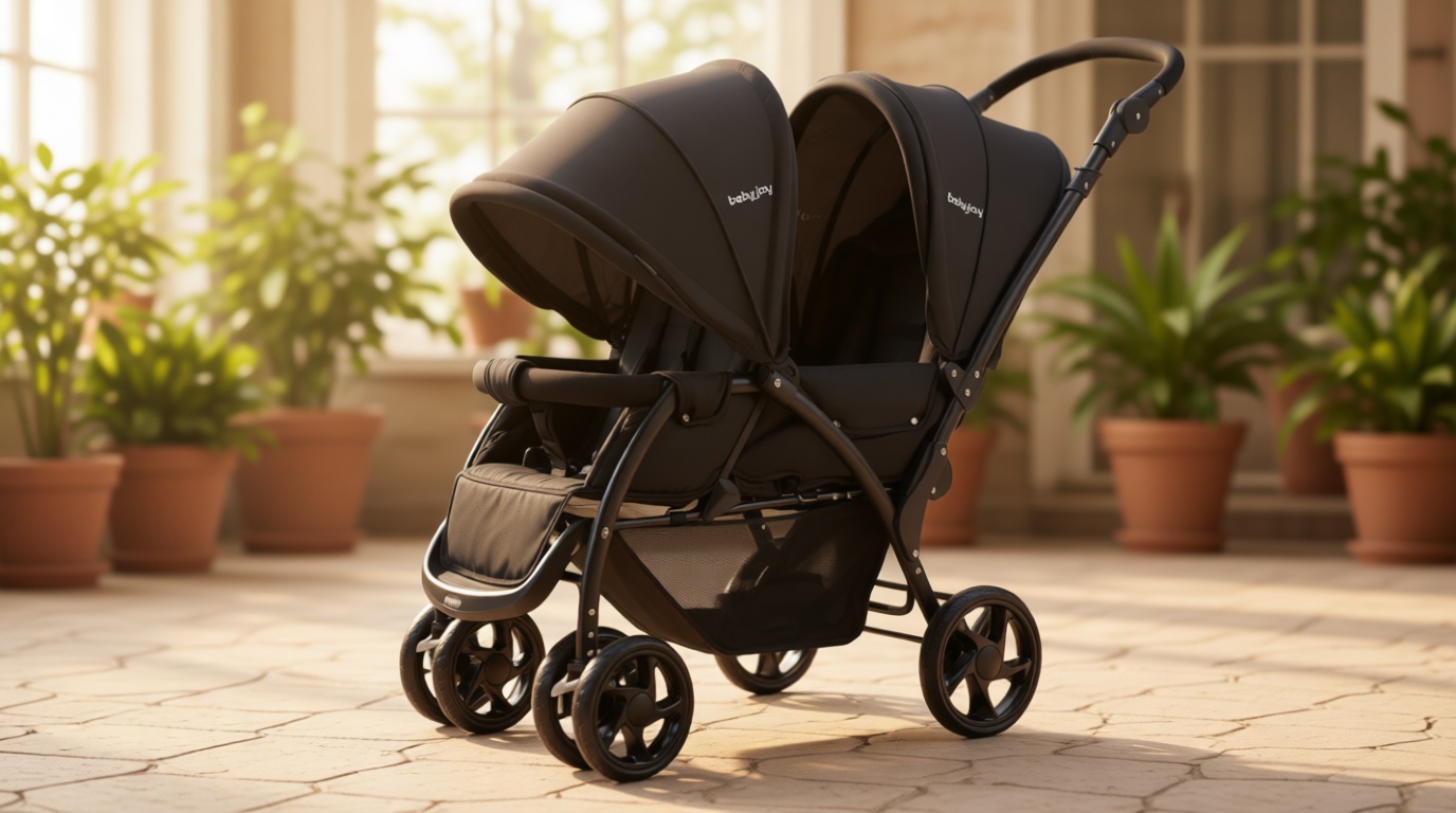 BABY JOY Double Stroller, Foldable Lightweight Twin Stroller with Tandem Seating, Adjustable Backrest/Canopy/Footrest, 5-Point Harness, Storage Basket, Newborn and Toddler (Black) OEKO-TEX STANDARD 100