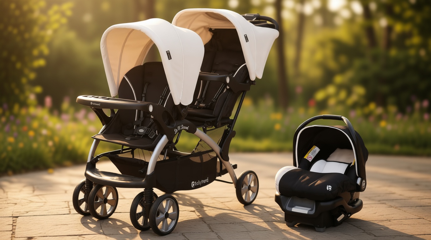 Baby Trend Infant and Toddler Double Stroller & 2 Car Seat Combo, 3 Pc Set, Khaki - Portable and Lightweight Stroller Duo and Car Seat Travel System Tandem