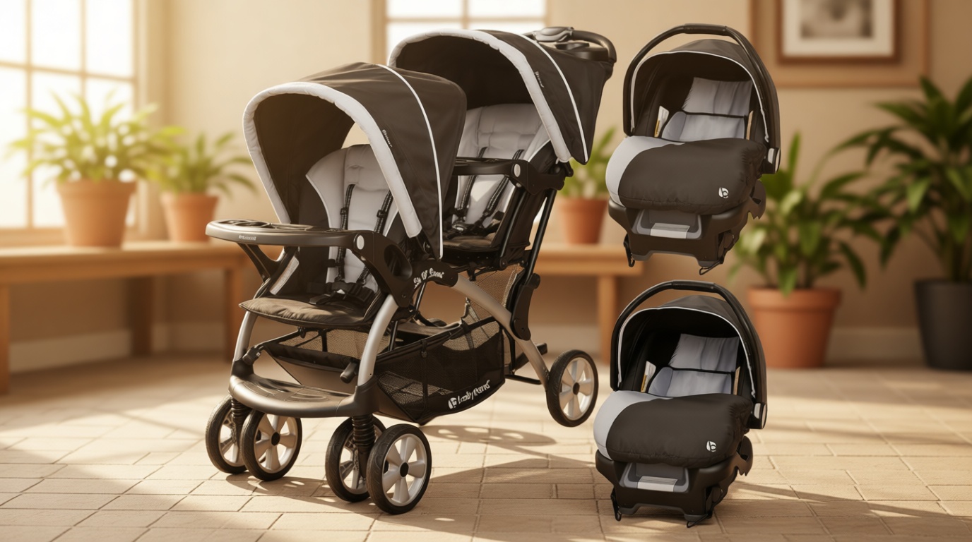 Baby Trend Infant and Toddler Double Stroller & 2 Car Seat Combo, 3 Pc Set, Stormy - Portable and Lightweight Stroller Duo and Car Seat Travel System Tandem