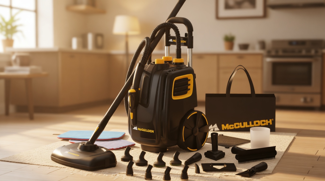 McCulloch MC1385 Deluxe Canister Steam Cleaner, 2-Hour Runtime, Chemical-Free, 23 Accessories: Mop Head, Brushes & More - Built for Home, Tile, Carpet, Furniture, & Personal Car Detailing