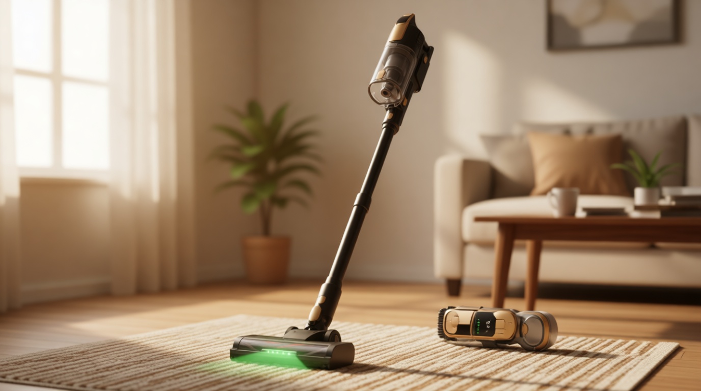 Cordless Vacuum Cleaner, 550W 45KPa 55Mins Vacuum Cleaners for Home, Powerful Stick Vacuum with Green LED Lights, Self-Standing & Anti-Tangle, Lightweight Vacuum for Pet Hair/Carpet/Hard Floor
