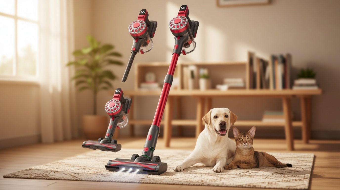 WLOTPO Cordless Vacuum Cleaner for Home,Lightweight Stick Vacuum Cordless Rechargeable with Power Suction, Up to 35 Mins Runtime, Hardwood Floor Vacuum for Pet Hair,Carpets,Tile(Cherry Red)