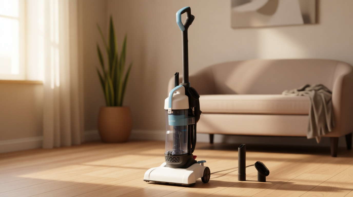 Amazon Basics Upright Bagless Vacuum Cleaner for Carpet and Hard Floors, Washable Filter, Crevice and Upholstery Tools, Detachable Handle, Lightweight, 1.7L Dust Cup, 25ft Cord, Black/White