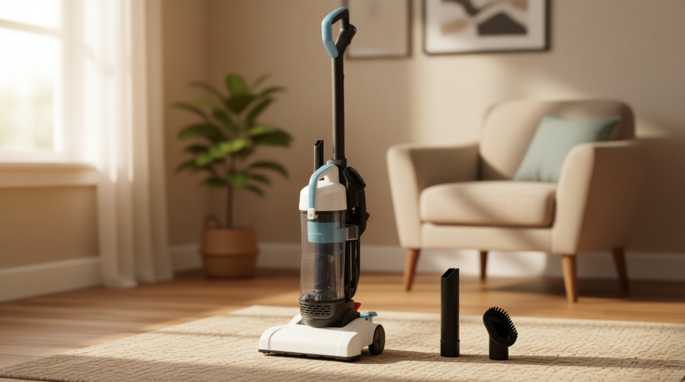 Amazon Basics Upright Bagless Vacuum Cleaner for Carpet and Hard Floors, Washable Filter, Crevice and Upholstery Tools, Detachable Handle, Lightweight, 1.7L Dust Cup, 25ft Cord, Black/White