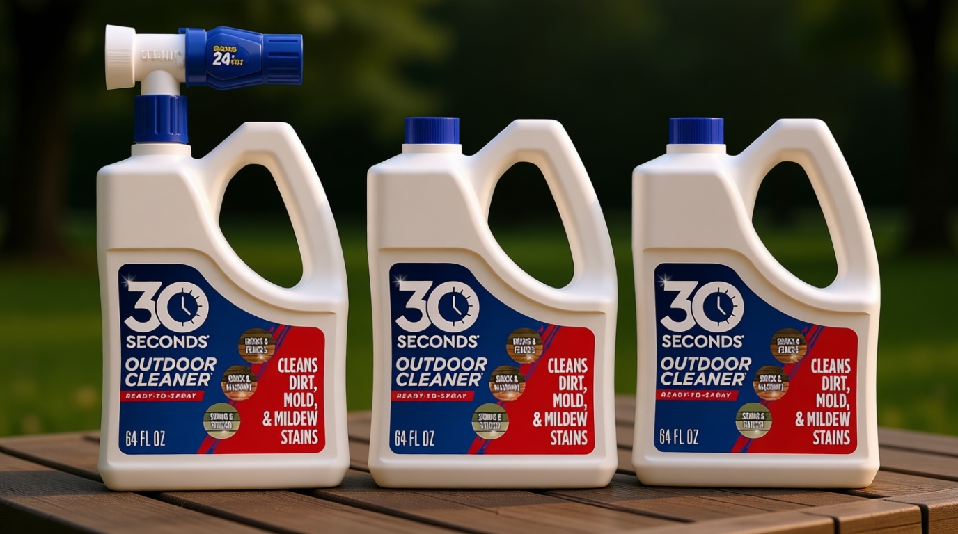 30 Seconds Outdoor Cleaner | Cleans Moss Stains from House, Vinyl Siding, Deck, Patio, Fence - 3 Capped Bottles, 1 Hose End Spray Attachment (64 Fl Oz (Pack of 3)