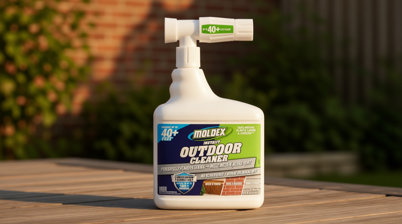 Moldex® Instant Outdoor Cleaner with Bleach and Hose End, 64 oz – Fast Acting Spray for Mold and Mildew Stains on Siding, Decks, Fences and Exterior Surfaces