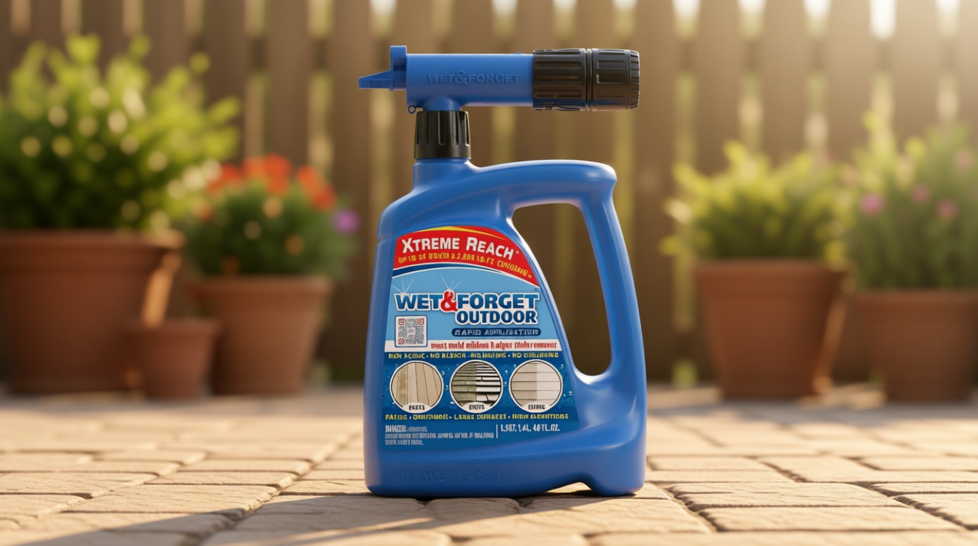 Wet & Forget Outdoor Moss, Mold, Mildew, & Algae Stain Remover Multi-Surface Cleaner, Xtreme Reach Hose End with New & Improved Nozzle, 48 Fluid Ounces