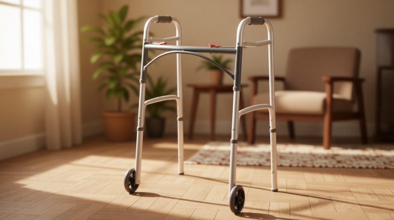Drive Medical Two-Button Folding Walker With Wheels - Lightweight Rolling Mobility Support - Adjustable Height - Dual Push-Button Operation - 5 Inch Front Wheels - Durable Aluminum - Silver