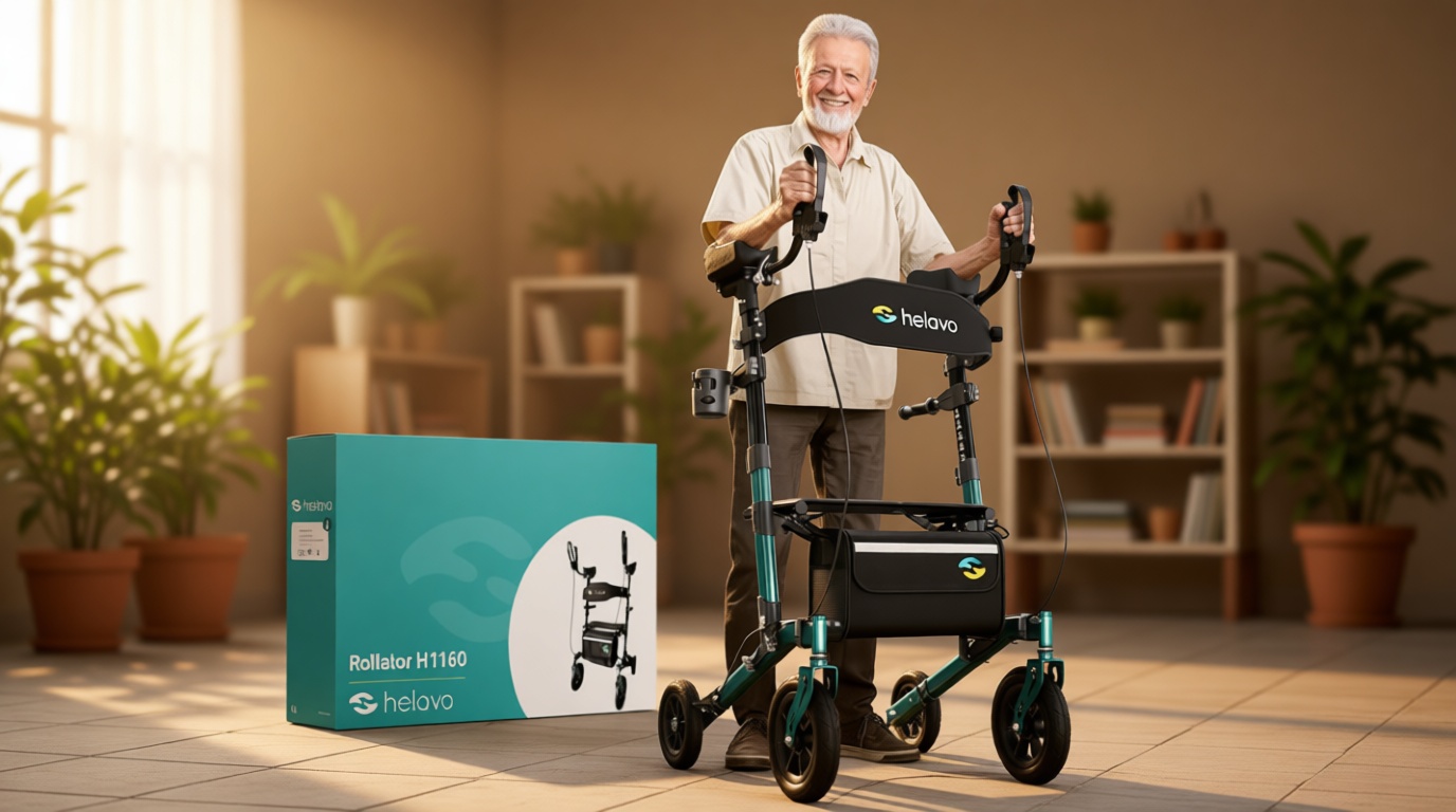 Helavo All Terrain Upright Walker with Flat-Free Solid Rubber Tires - Outdoor Stand Up Walker for Seniors - Tall Standing Rollator with Seat