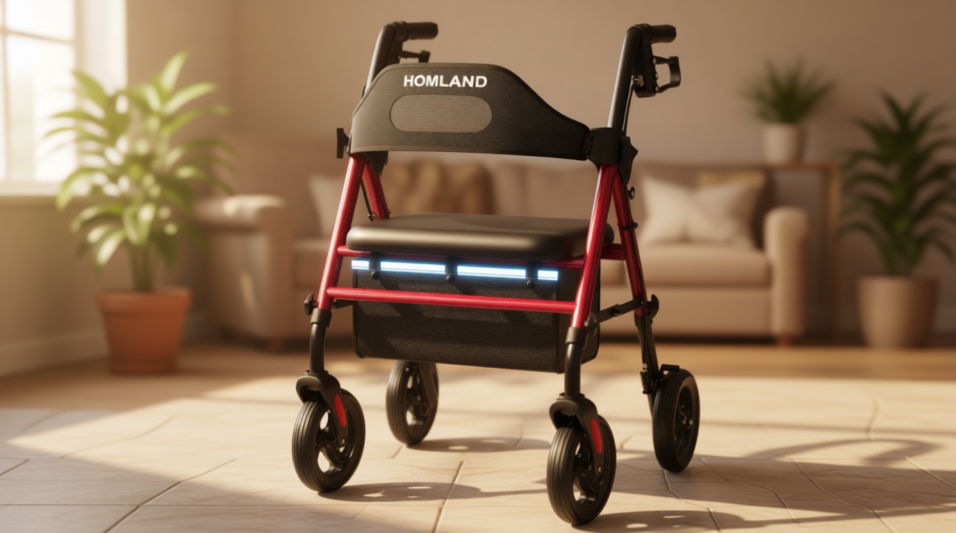 HOMLAND Foldable Rollator Walkers with Seat for Seniors, 8'' Big Wheels, 350 lb. Weight Capacity, Adjustable Handles and Seat Height, Lightweight Rolling Walker, Red