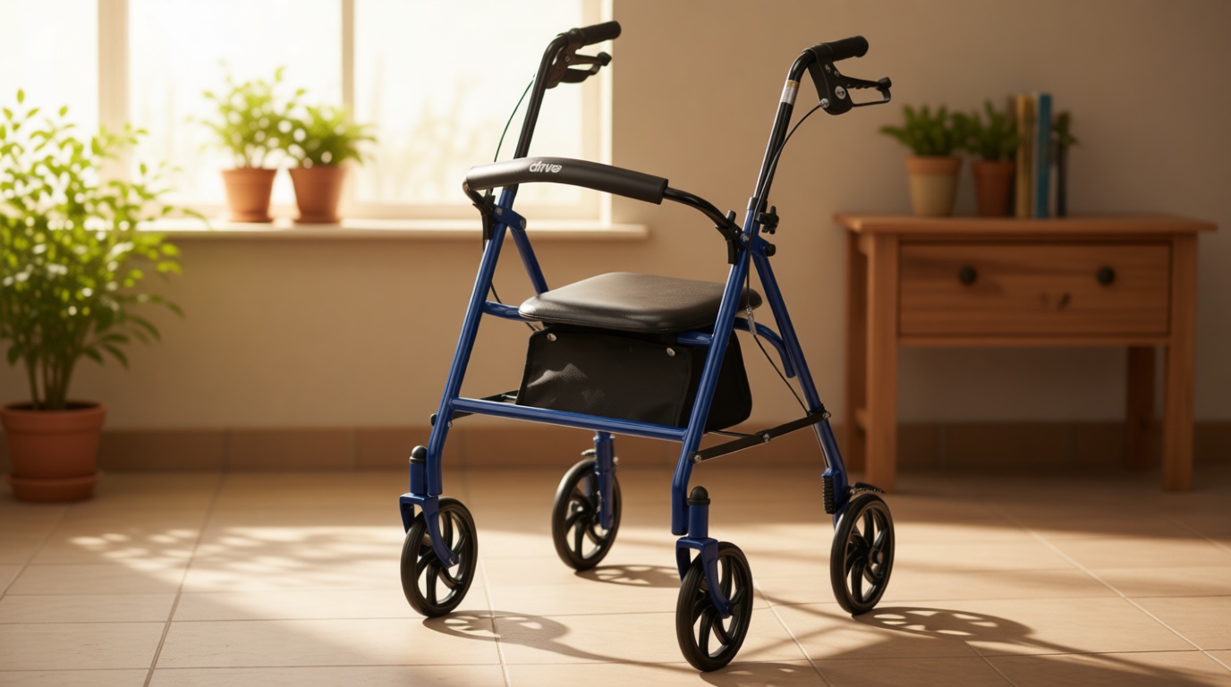 Drive Medical Rollator Walker with Seat - Stable Mobility Support - Height Adjustable - Durable Steel Frame Construction - Smooth 7.5" Wheels - Foldable - 350 Lb Limit - Blue