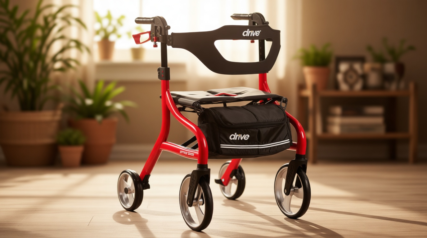 Drive Medical Nitro Sprint Foldable Rollator Walker with Seat - Lightweight Support - Large Wheels - Compact Folding Design - Adjustable Comfort - Standard Size - Red