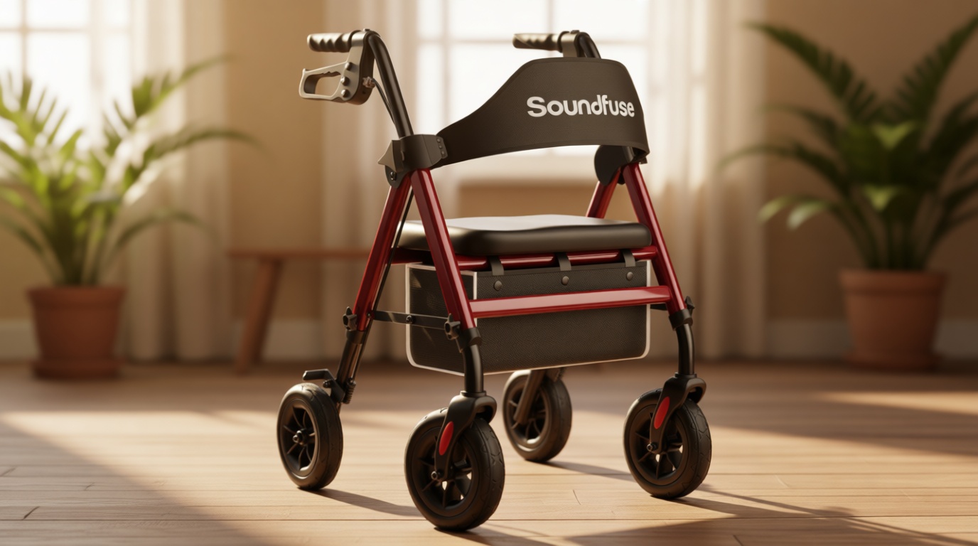 SOUNDFUSE Rollator Walkers for Seniors with Seat, Foldable Lightweight Rolling Walker with 8" Big PU Wheels, Ergonomic Seat, Dual Height Adjustment