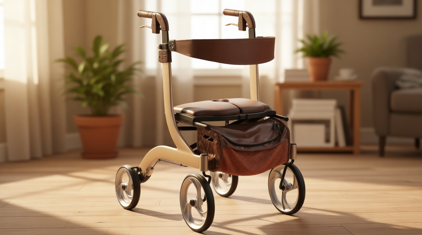 Drive Medical Nitro DLX Foldable Rollator Walker for Seniors & Adults - Hand Activated Brakes - Padded Seat - Storage Bag - 10 Inch Front Wheels - Folding Mobility Aid - Champagne