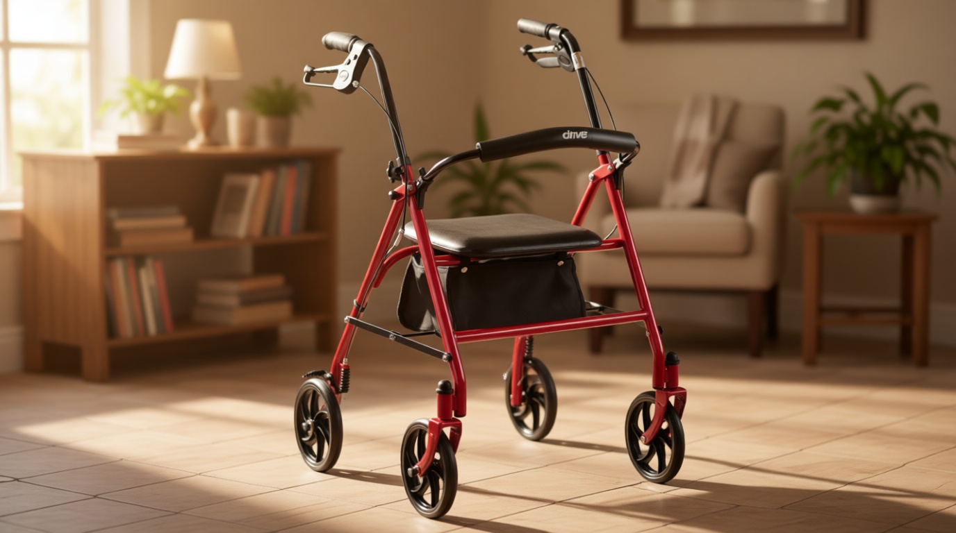 Drive Medical Rollator Walker with Seat - Stable Mobility Support - Height Adjustable - Durable Steel Frame Construction - Smooth 7.5" Wheels - Foldable Frame - 350 Lb Limit - Red