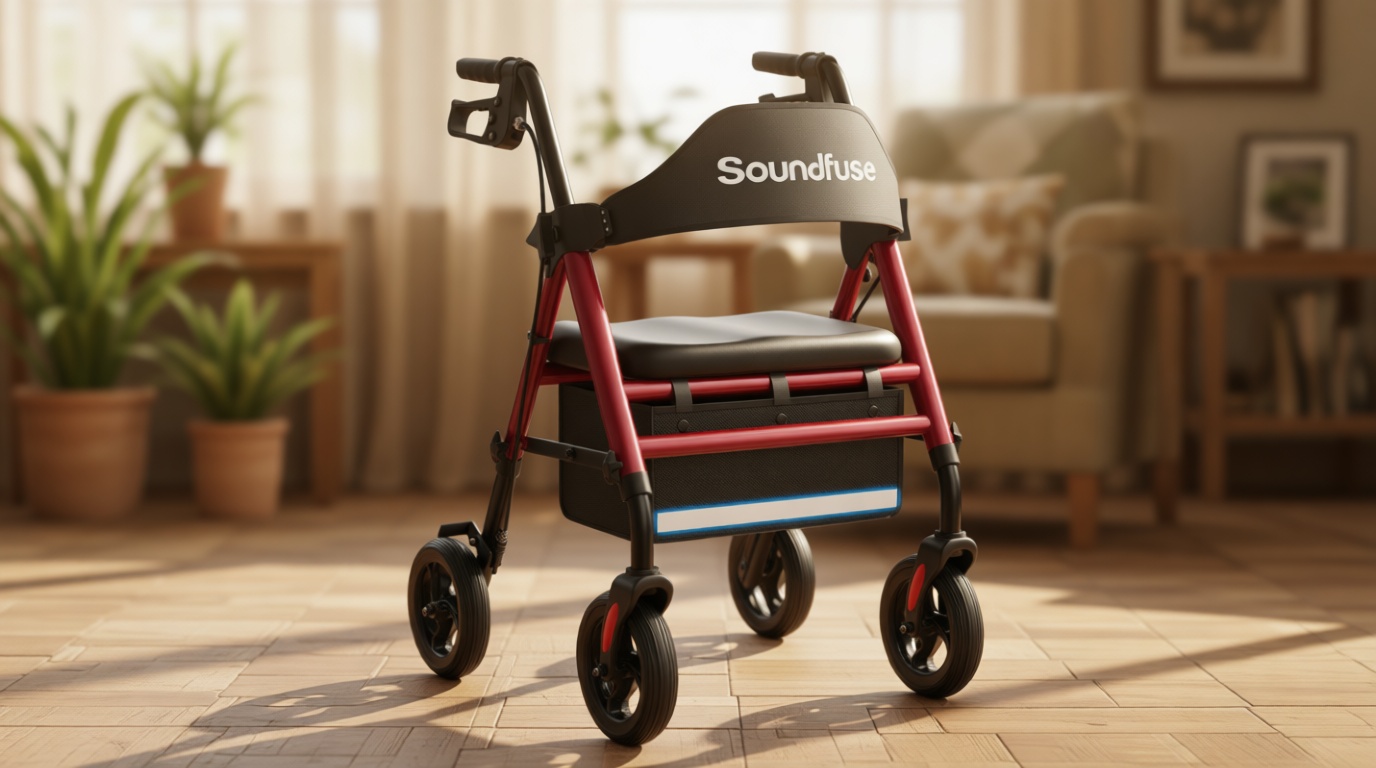 SOUNDFUSE Walkers for Seniors, Rollator Walker with Seat, 8" All Terrain Wheels, Double Support Bar, 16" Ergonomic Arc Seat and Comfortable Backrest, Dual Height Adjustable and Foldable Design