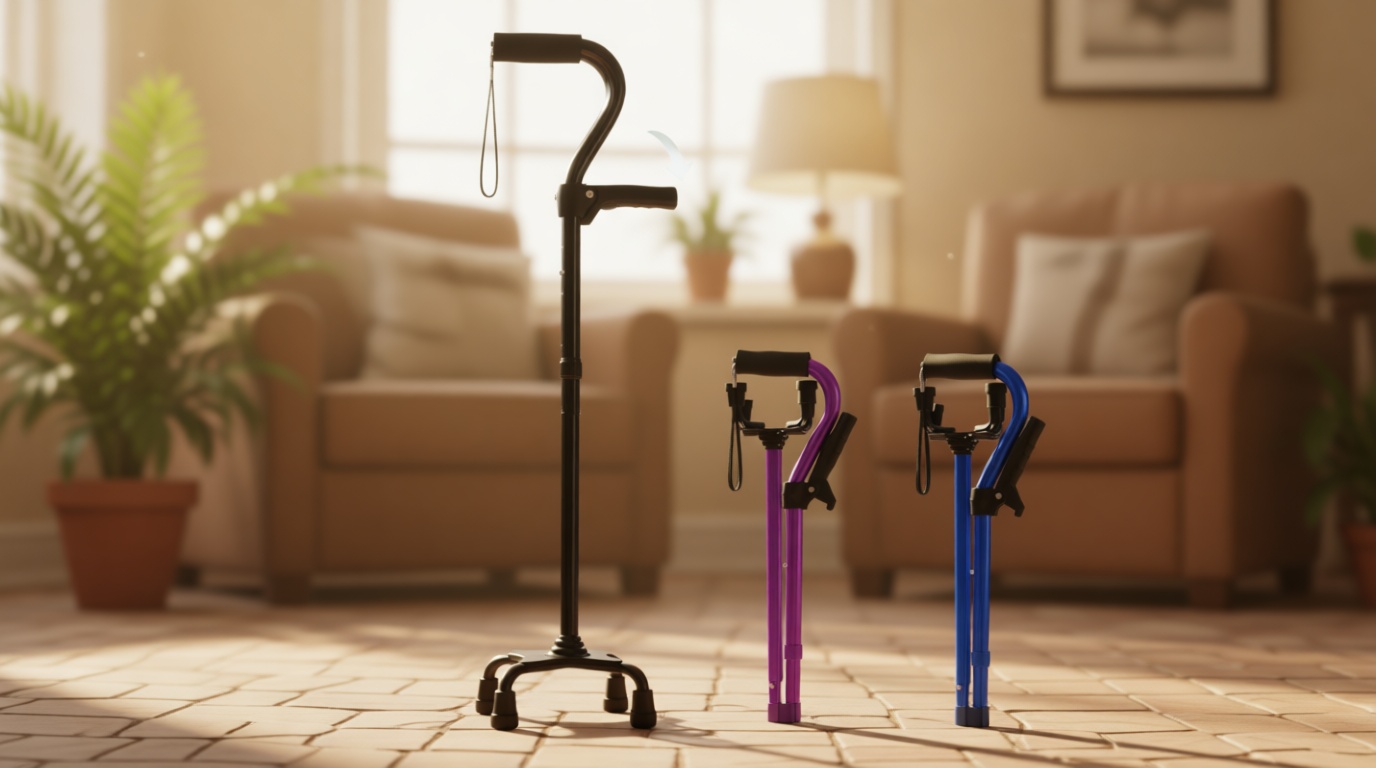 Adjustable Walking Cane for Men & Women with 4-Pronged Base for Extra Stability - Foldable Cane for Seniors with Foam Padded Offset Handle for Soft Grip & a Second Handle for Standing