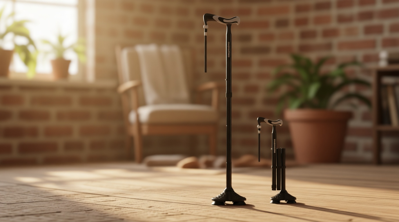 KingPavonini Walking Cane for Men Women Stability, Free Standing Foldable Cane, Ergonomic Handle Pivoting Quad Base, Heavy Duty 350 LBs, Adjustable Walking Canes for Seniors Balance with Travel Bag