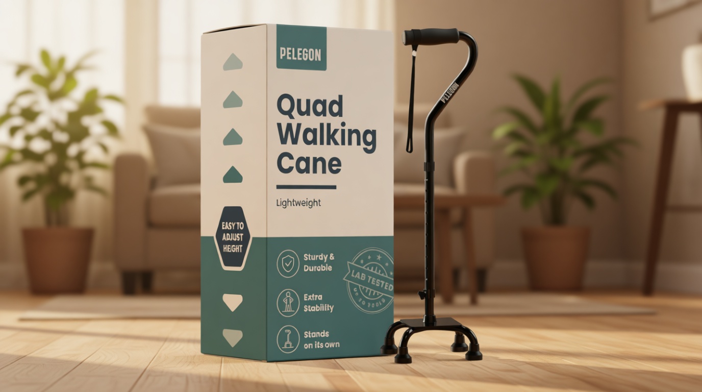 PELEGON Quad Cane (300 lb) - Adjustable Walking Cane with A Large 4 Pronged Base for Extra Balance & Stability, Walking Canes for Seniors, Walking Cane for Men & Women, Walking Sticks