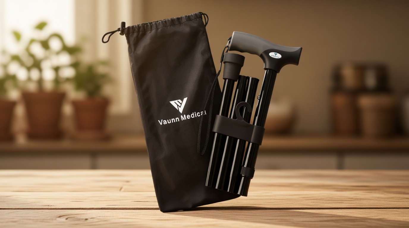 FSA/HSA Eligible, Vaunn Medical Easy Grip Height Adjustable Folding Cane/Walking Stick with Strap/Pouch- Compact, Portable, and Safe Walking Assistant- Non-Slip Grip Handle- Men, Women, Elderly