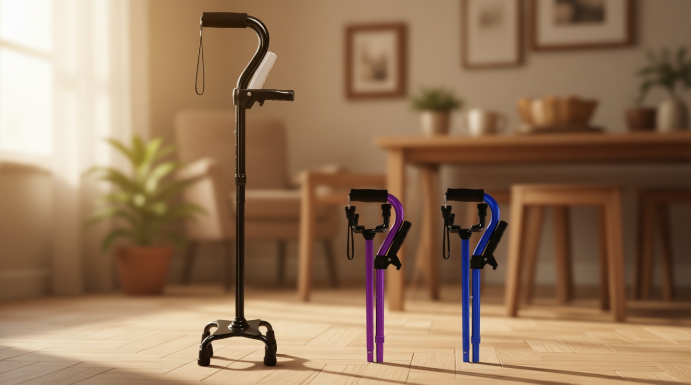 Adjustable Walking Cane for Men & Women with 4-Pronged Base for Extra Stability - Foldable Cane for Seniors with Foam Padded Offset Handle for Soft Grip & a Second Handle for Standing