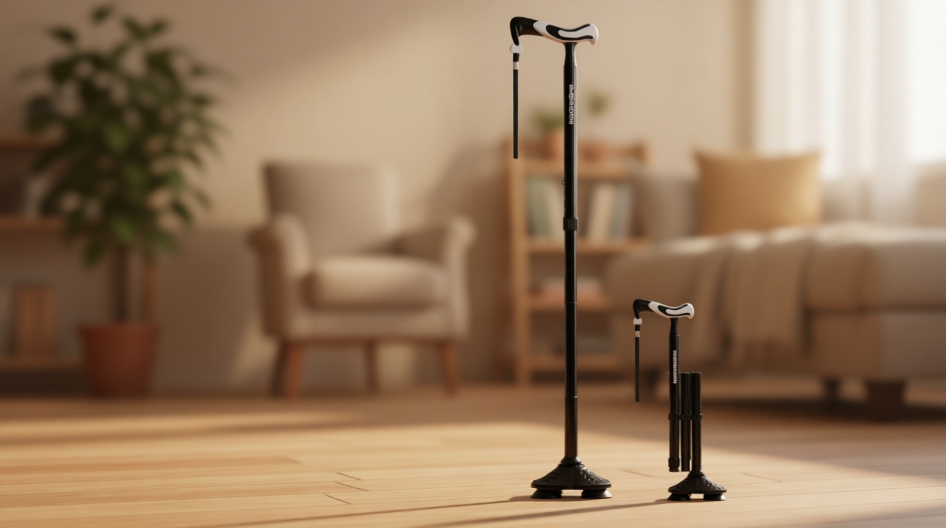 KingPavonini Walking Cane for Men Women Stability, Free Standing Foldable Cane, Ergonomic Handle Pivoting Quad Base, Heavy Duty 350 LBs, Adjustable Walking Canes for Seniors Balance with Travel Bag