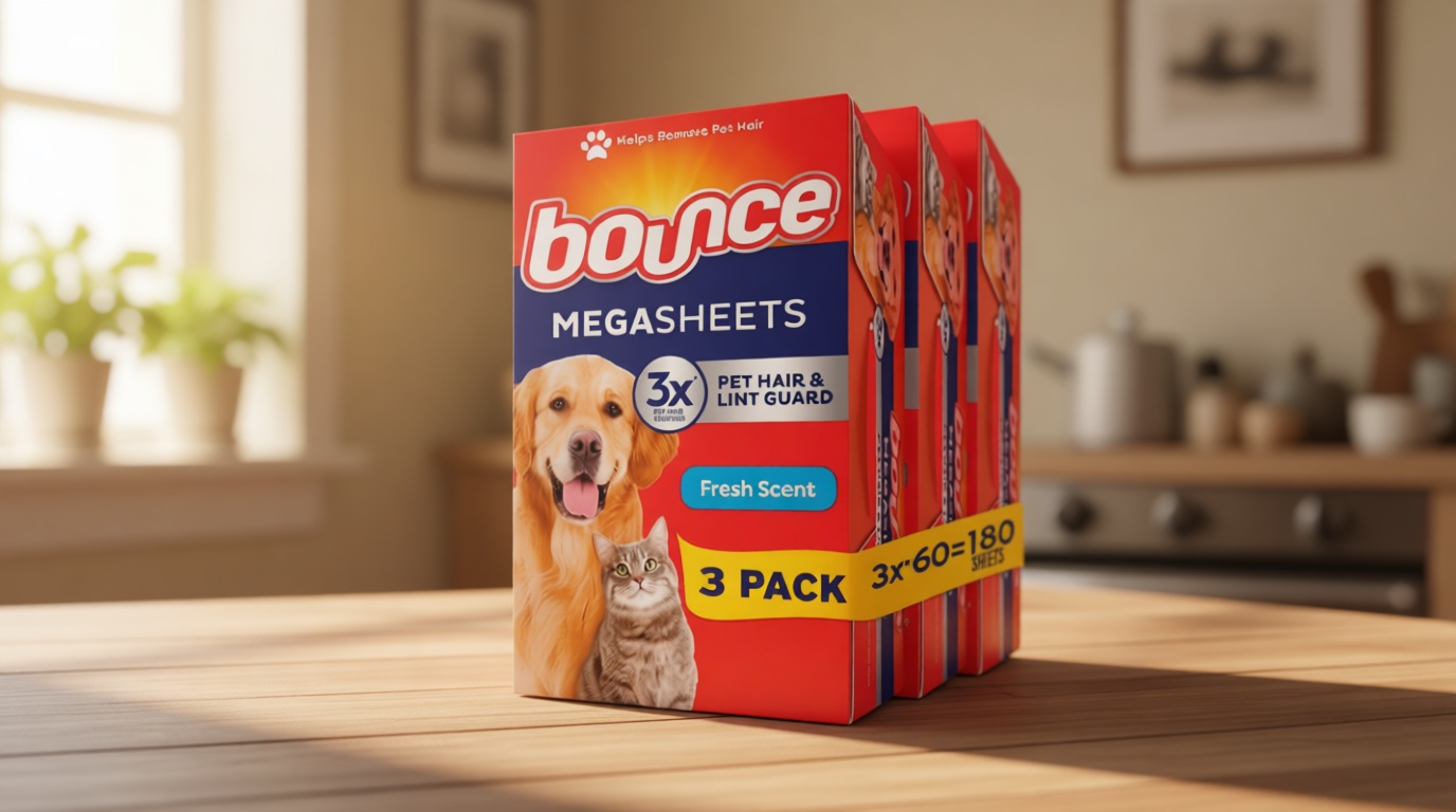 Bounce Pet Hair and Lint Guard Mega Dryer Sheets with 3X Pet Hair Fighters, Fresh Scent, 180 Count